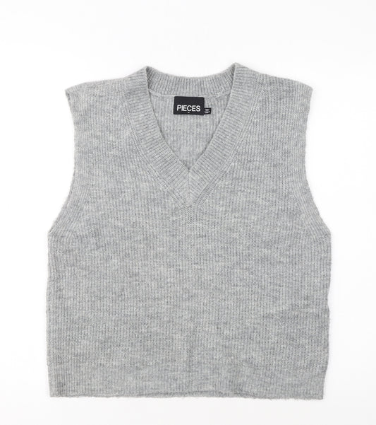 Pieces Women Grey Knit Sleeveless V-Neck Vest Jumper Size M
