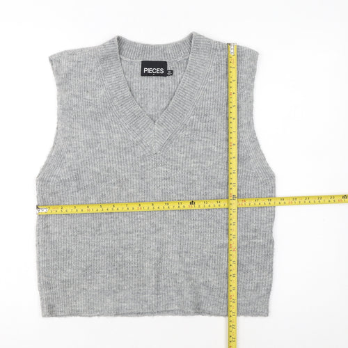 Pieces Women Grey Knit Sleeveless V-Neck Vest Jumper Size M