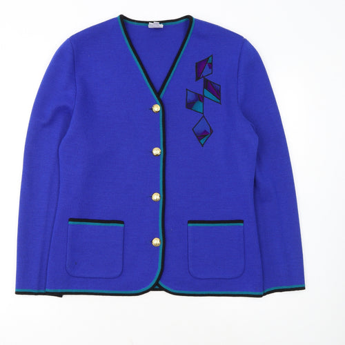 C&D Women’s Blue Wool Cardigan Size 12 V-Neck Geometric Classic Knit