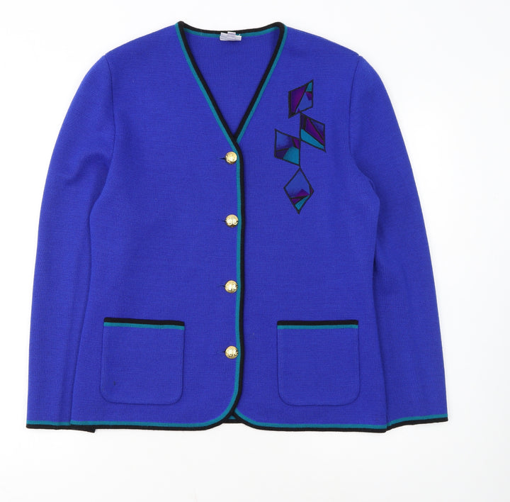 C&D Women’s Blue Wool Cardigan Size 12 V-Neck Geometric Classic Knit