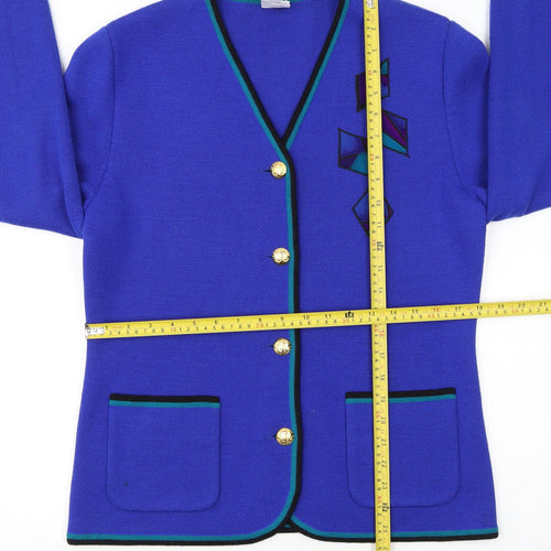 C&D Women’s Blue Wool Cardigan Size 12 V-Neck Geometric Classic Knit