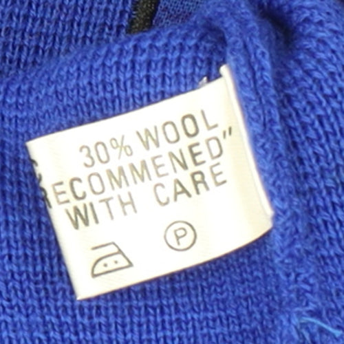 C&D Women’s Blue Wool Cardigan Size 12 V-Neck Geometric Classic Knit