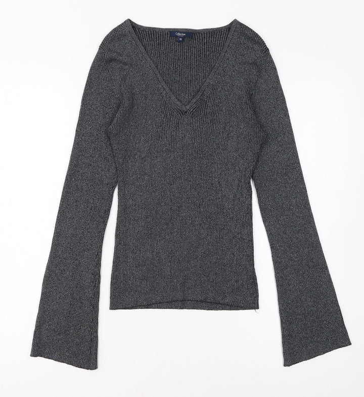 Debenhams Women Grey Size 10 V-Neck Knit Pullover Jumper
