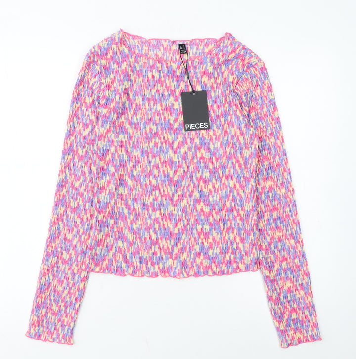 Pieces Womens Multicoloured Cropped Long Sleeve Slim Fit Blouse M
