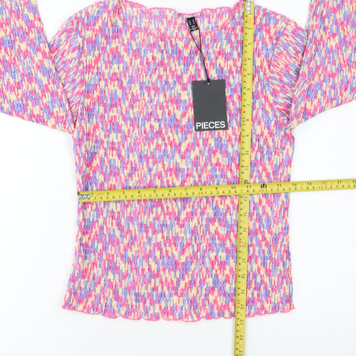 Pieces Womens Multicoloured Cropped Long Sleeve Slim Fit Blouse M