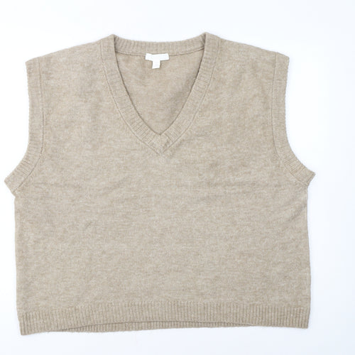 H&M Women Beige V-Neck Knit Sleeveless Vest Jumper Size M