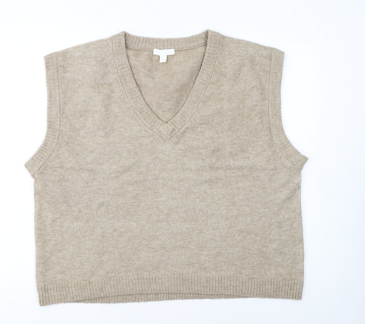 H&M Women Beige V-Neck Knit Sleeveless Vest Jumper Size M