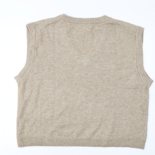 H&M Women Beige V-Neck Knit Sleeveless Vest Jumper Size M