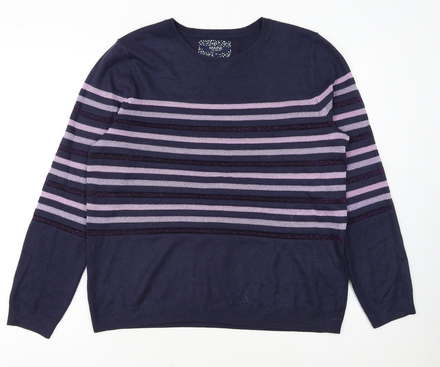 Maine New England Womens Blue Stripe Crew Neck Jumper Size 16