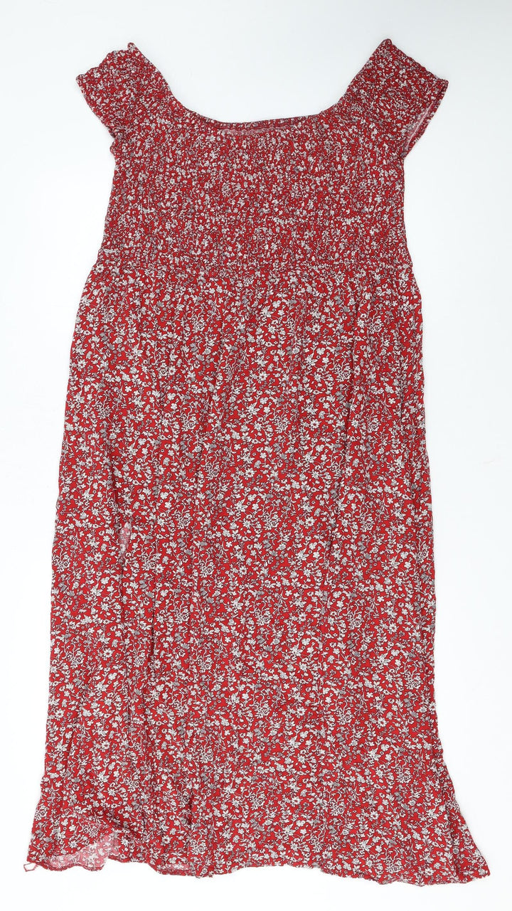 Roman Women's Red Floral Smocked Off Shoulder A-Line Midi Dress Size 20