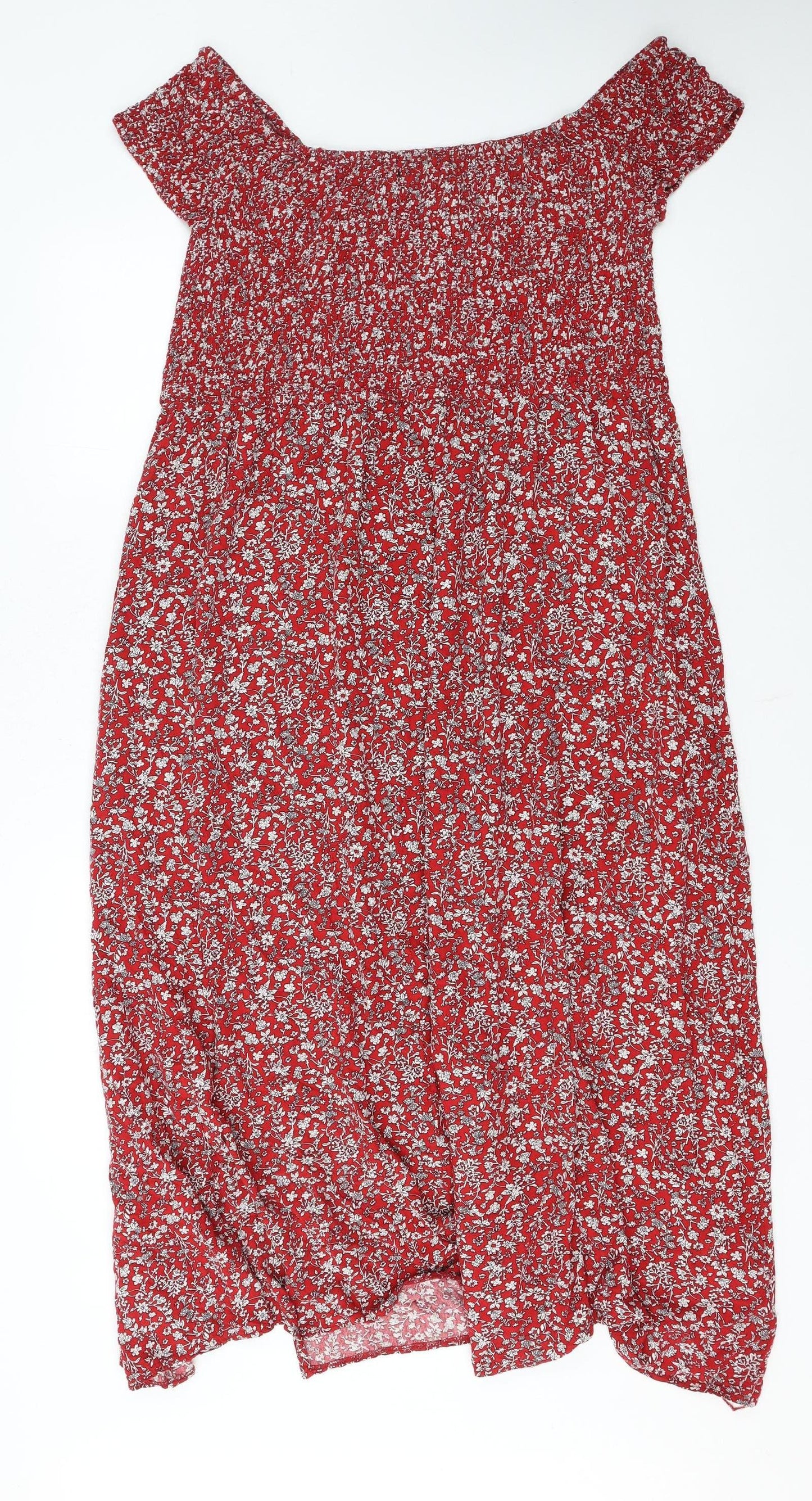 Roman Women's Red Floral Smocked Off Shoulder A-Line Midi Dress Size 20
