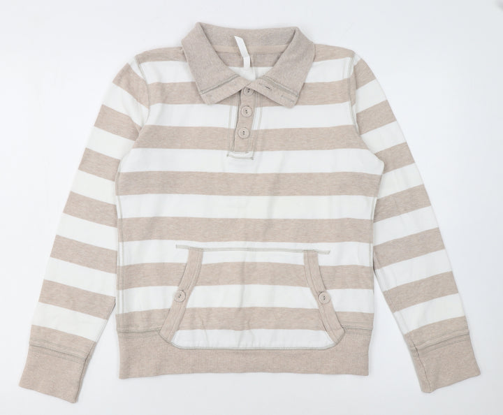 Marks and Spencer Women Beige Striped Henley Sweatshirt UK 10 Cotton