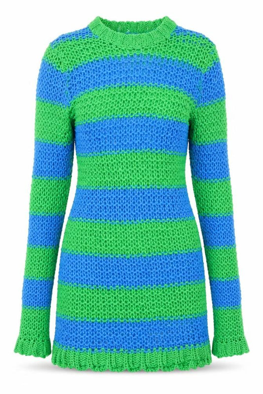Front view of Collusion Women’s Blue Green Striped Knit Jumper Dress, size UK 12