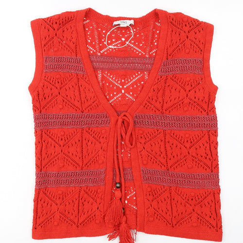 Marks and Spencer Women Red Crochet Open Knit Tassel Vest S