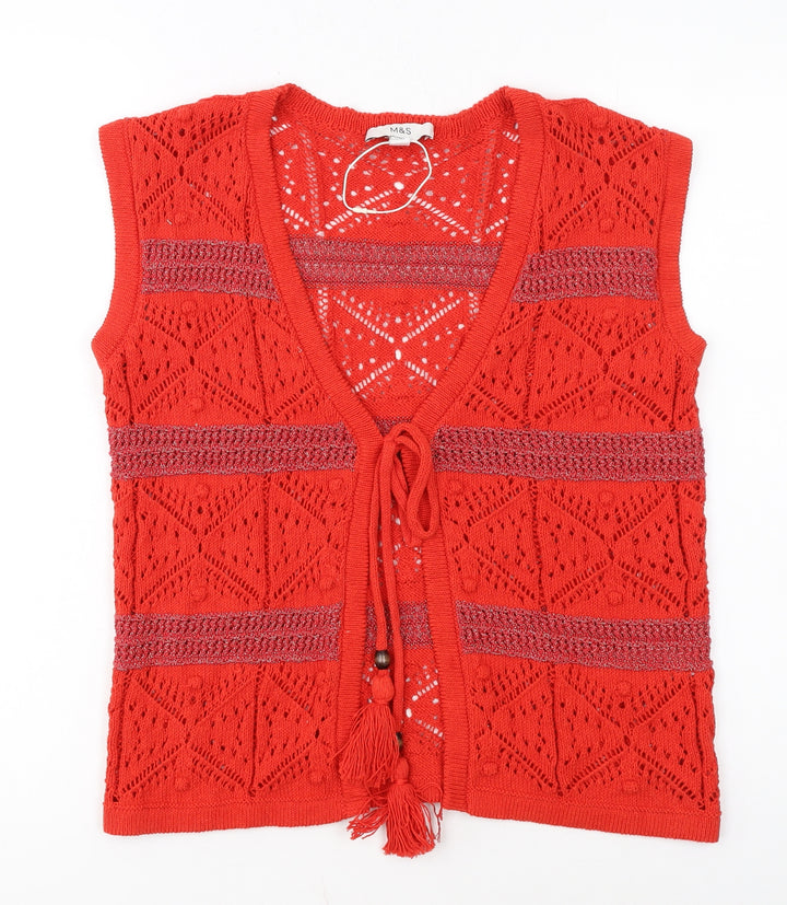 Marks and Spencer Women Red Crochet Open Knit Tassel Vest S
