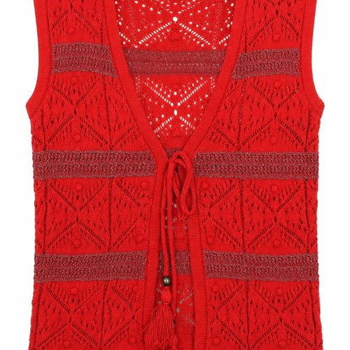 Marks and Spencer Women Red Crochet Open Knit Tassel Vest S