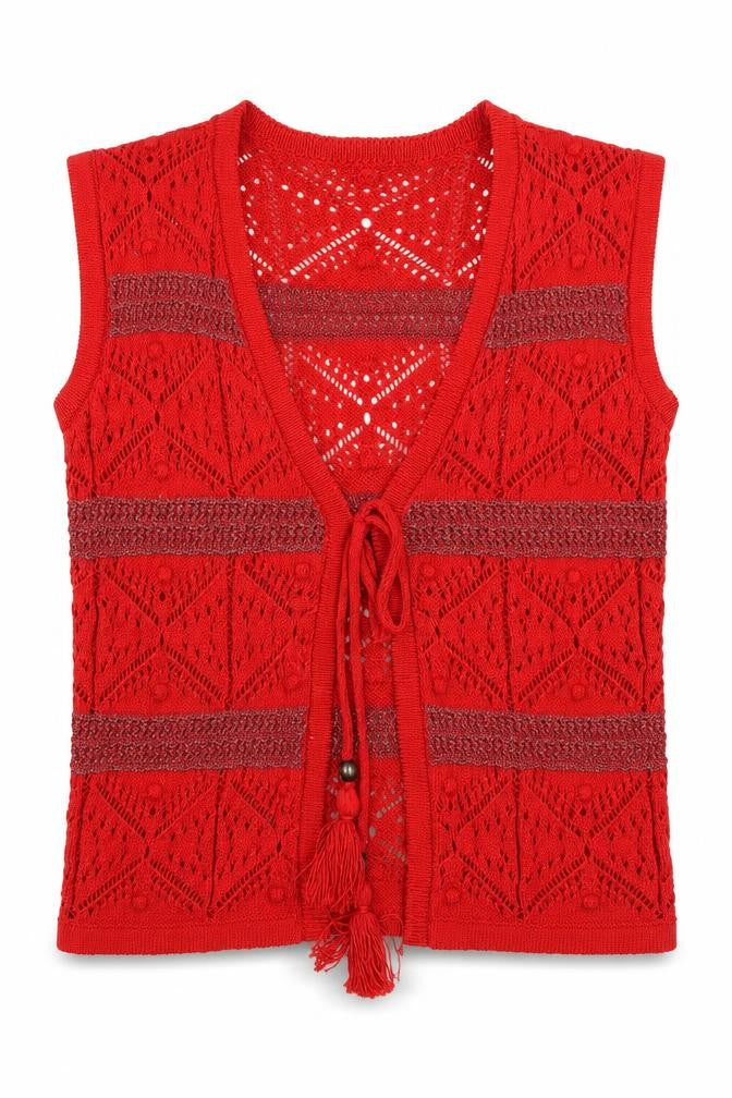 Marks and Spencer Women Red Crochet Open Knit Tassel Vest S