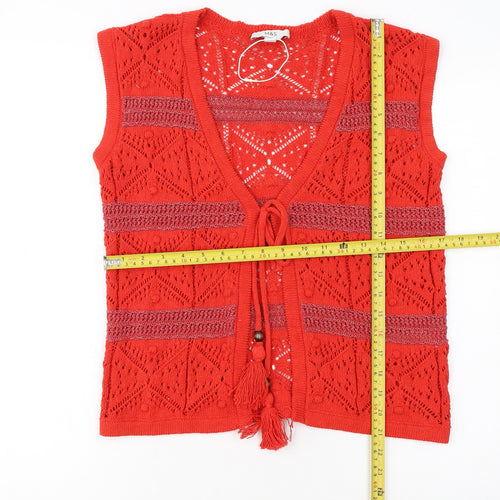 Marks and Spencer Women Red Crochet Open Knit Tassel Vest S