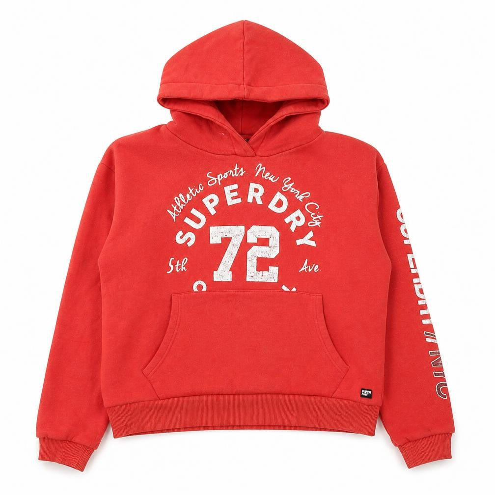 Front view of Superdry women’s red pullover hoodie medium logo print casual