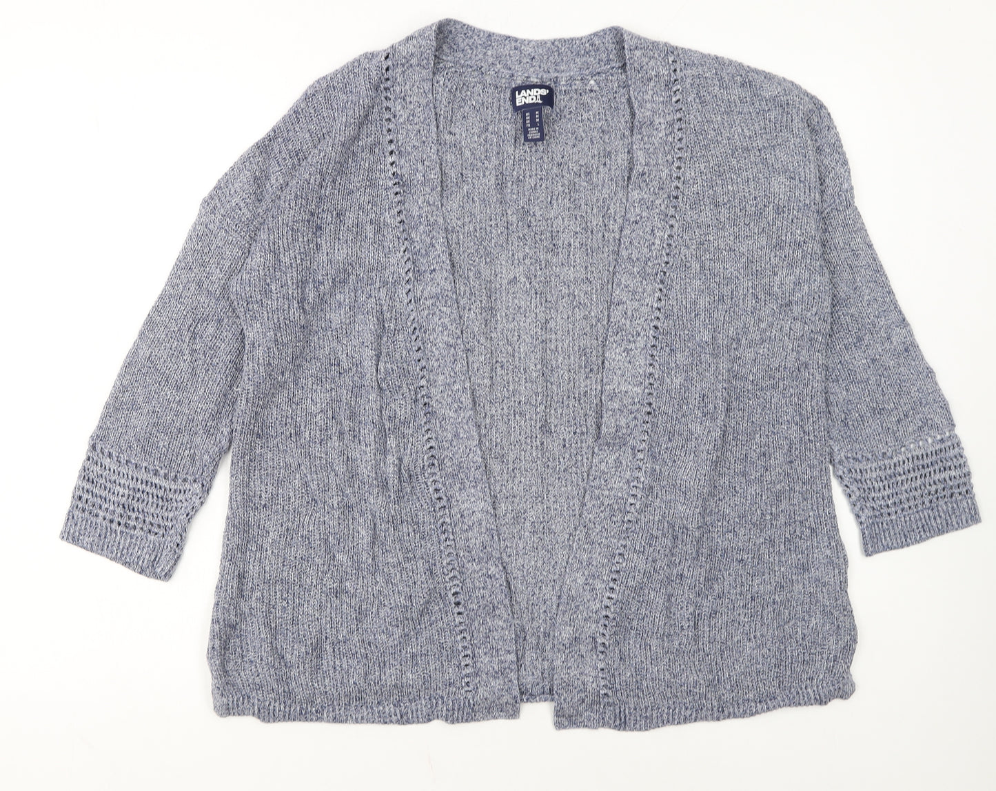 Lands' End Women's Blue Knit Open Cardigan Size M Linen Cotton