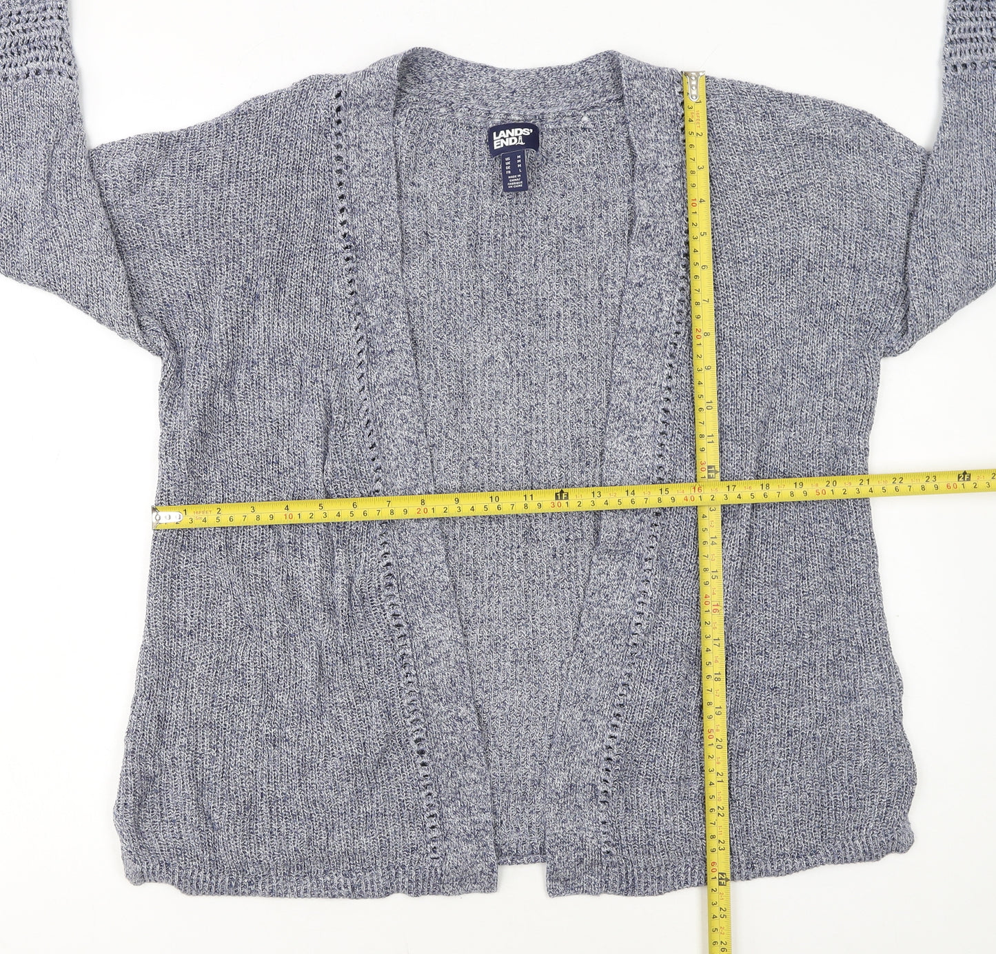 Lands' End Women's Blue Knit Open Cardigan Size M Linen Cotton