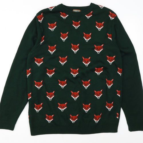 Run & Fly Men's Green Fox Pattern Knit Jumper Size L