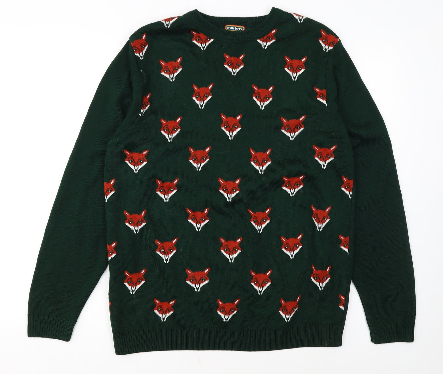 Run & Fly Men's Green Fox Pattern Knit Jumper Size L