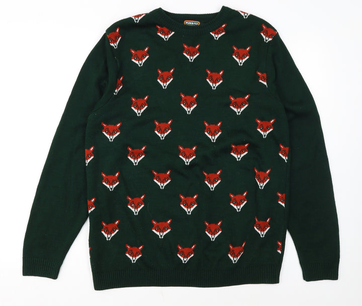 Run & Fly Men's Green Fox Pattern Knit Jumper Size L