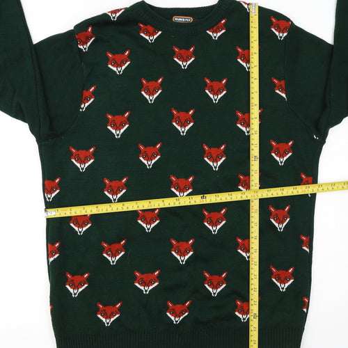 Run & Fly Men's Green Fox Pattern Knit Jumper Size L