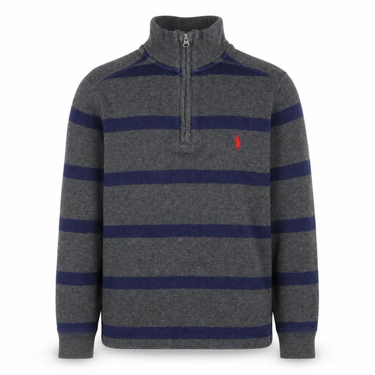 Front view of Ralph Lauren boys’ grey striped 1/4 zip knit sweatshirt, size 8, years