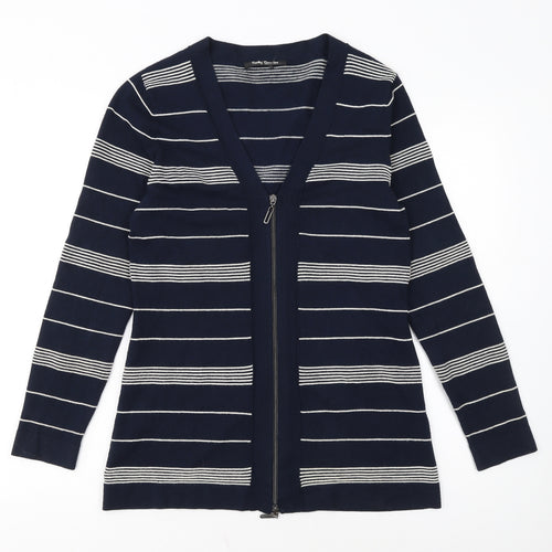 Betty Barclay Women Blue Striped Full Zip V-Neck Knit Jumper Size 12