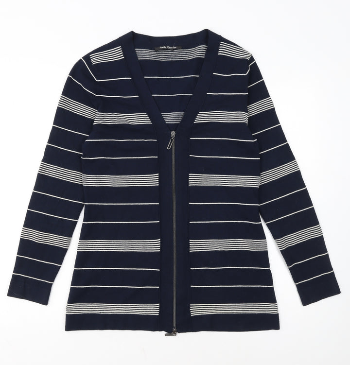 Betty Barclay Women Blue Striped Full Zip V-Neck Knit Jumper Size 12