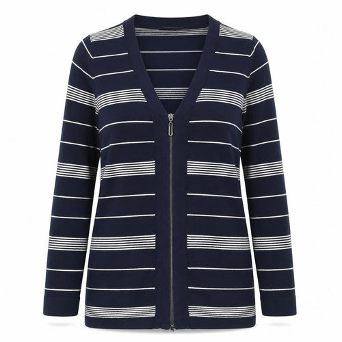 Betty Barclay Women Blue Striped Full Zip V-Neck Knit Jumper Size 12