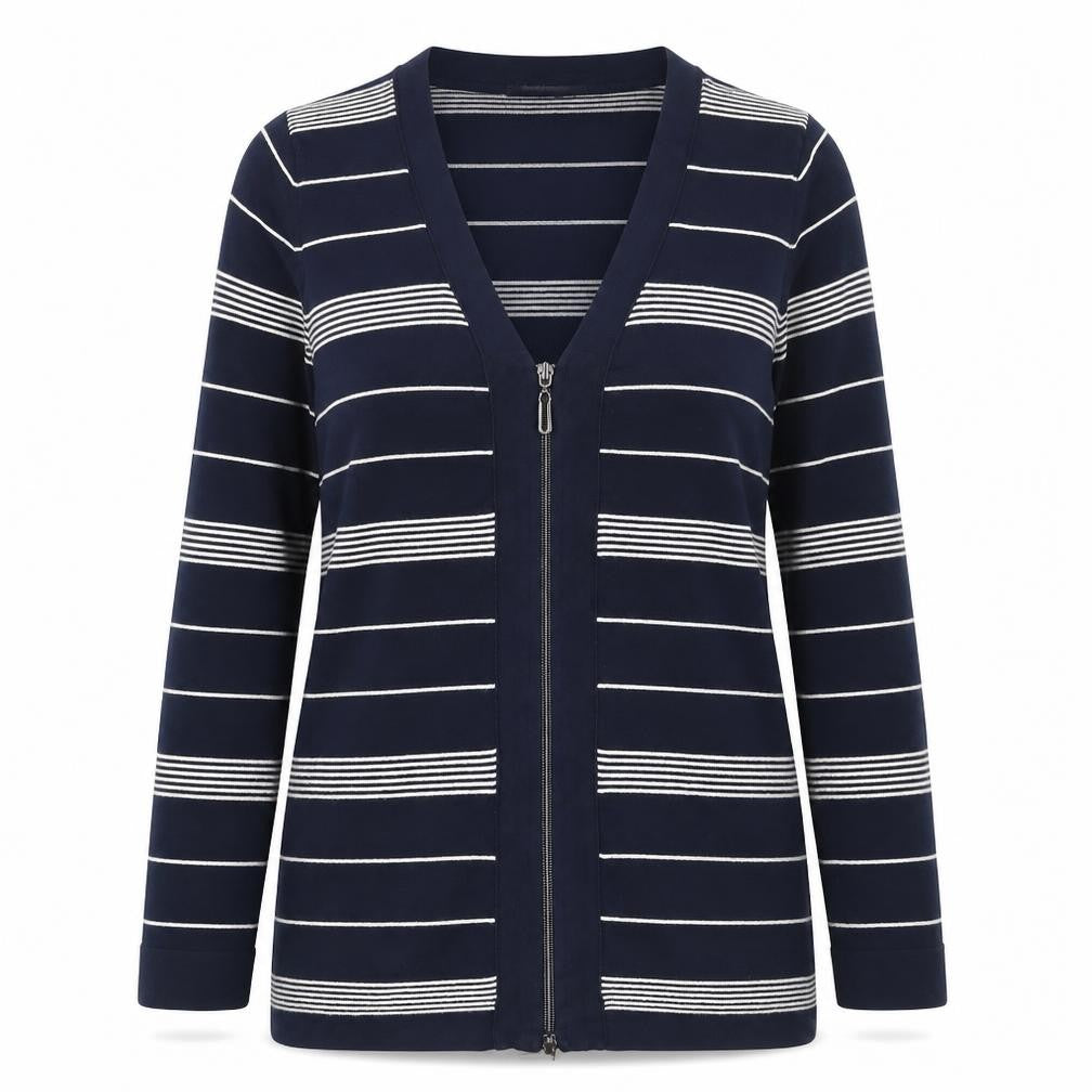 Betty Barclay Women Blue Striped Full Zip V-Neck Knit Jumper Size 12