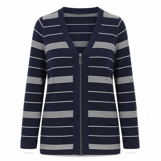 Front view of Betty Barclay Women Blue Striped Full Zip V-Neck Knit Jumper, size 12