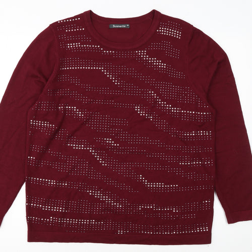 Bonmarché Women's Red Long Sleeve Pullover Jumper Size 18 Rhinestone Detail