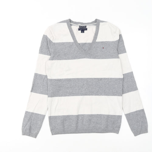 Tommy Hilfiger Men’s Grey Striped V-Neck Cotton Jumper Size S