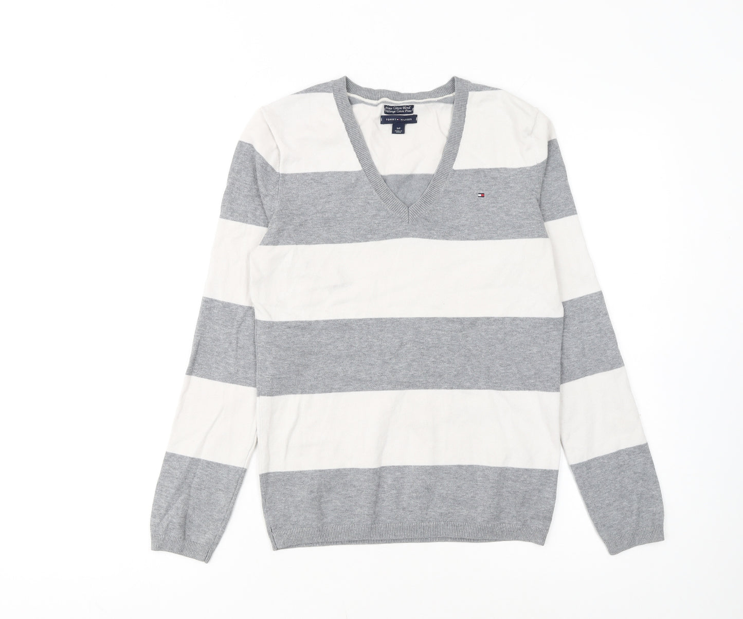 Tommy Hilfiger Men’s Grey Striped V-Neck Cotton Jumper Size S