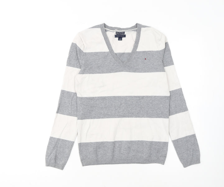 Tommy Hilfiger Men’s Grey Striped V-Neck Cotton Jumper Size S