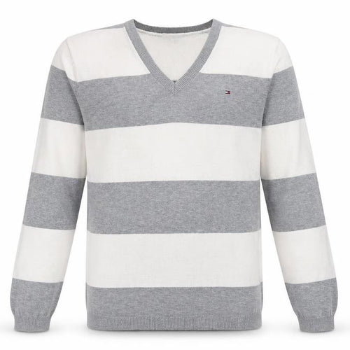 Tommy Hilfiger Men’s Grey Striped V-Neck Cotton Jumper Size S