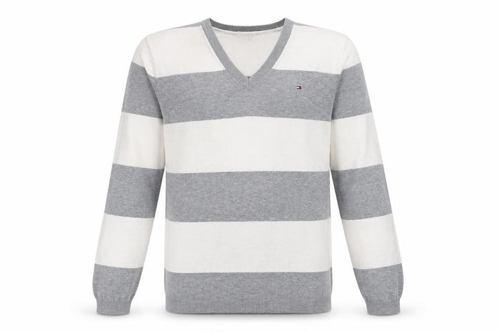 Tommy Hilfiger Men’s Grey Striped V-Neck Cotton Jumper Size S