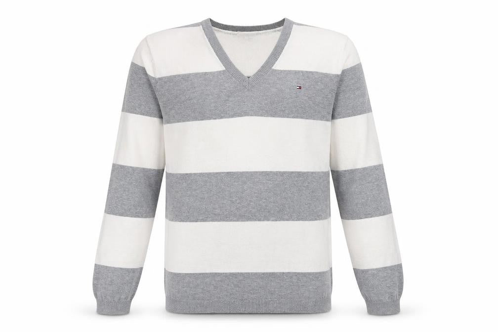 Tommy Hilfiger Men’s Grey Striped V-Neck Cotton Jumper Size S