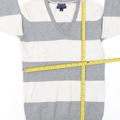 Tommy Hilfiger Men’s Grey Striped V-Neck Cotton Jumper Size S