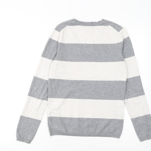 Tommy Hilfiger Men’s Grey Striped V-Neck Cotton Jumper Size S