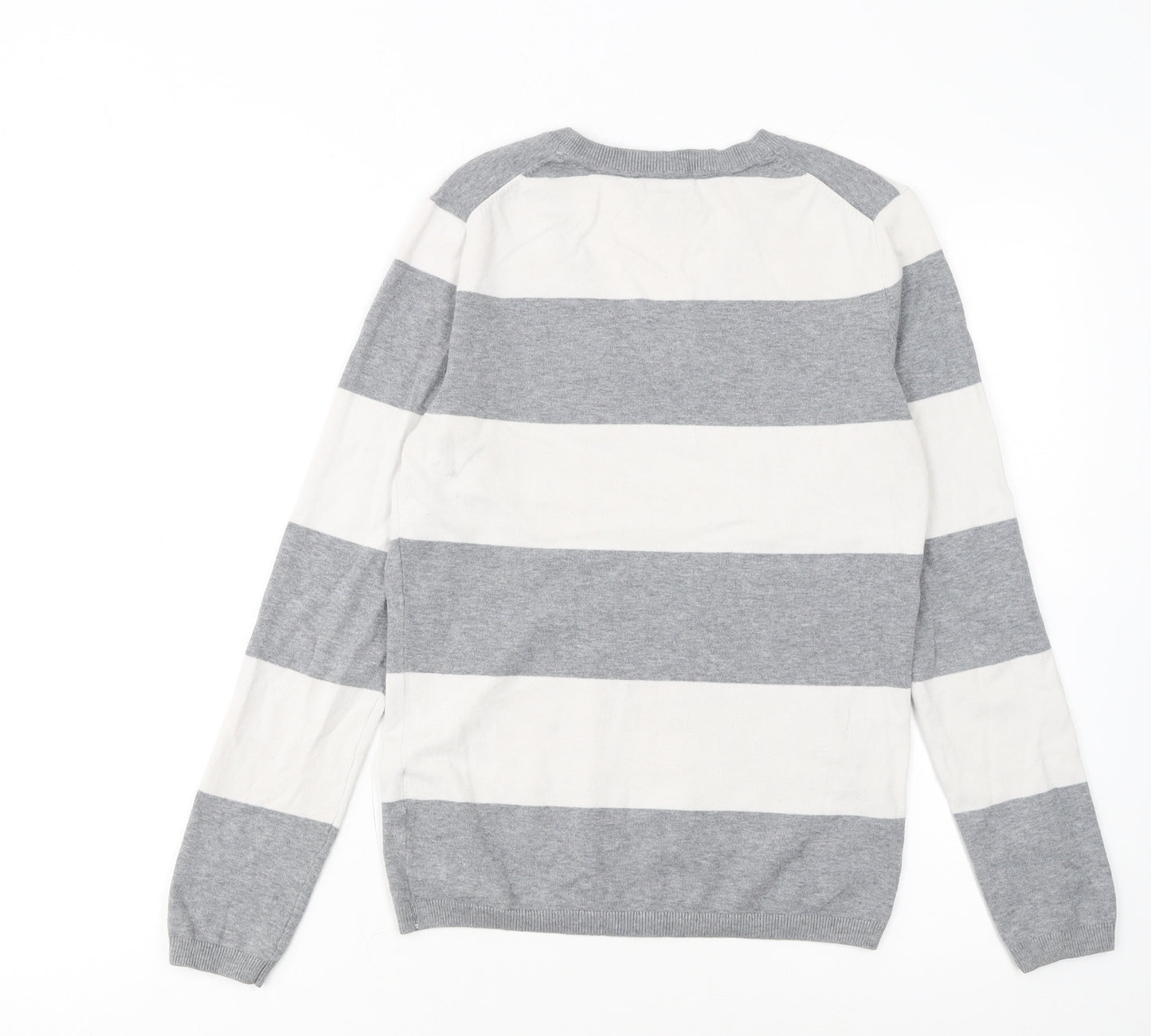 Tommy Hilfiger Men’s Grey Striped V-Neck Cotton Jumper Size S
