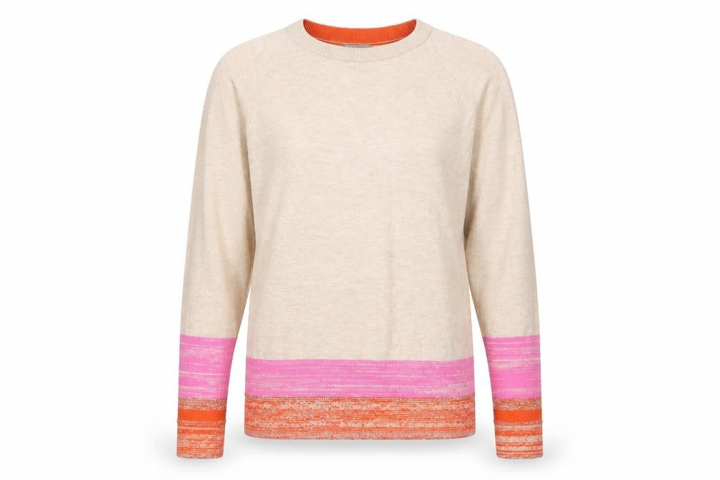 Front view of Oliver Bonas women’s beige crew neck knit jumper, size UK 8
