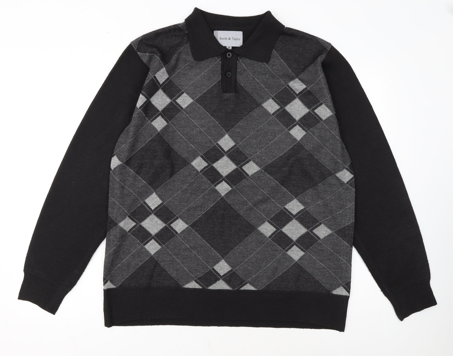 Smith & Taylor Men's Black Argyle Long Sleeve Polo - Size M