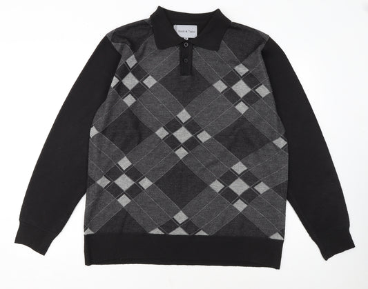 Smith & Taylor Men's Black Argyle Long Sleeve Polo - Size M