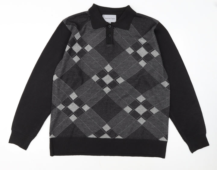 Smith & Taylor Men's Black Argyle Long Sleeve Polo - Size M