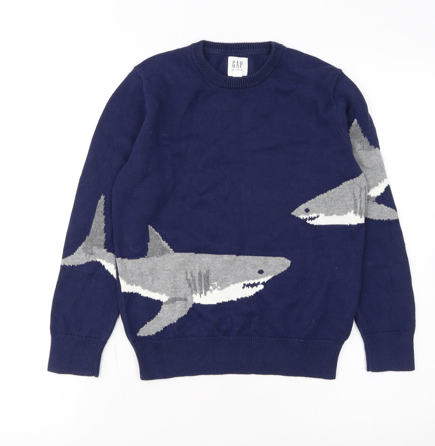 GAP Kids Boys Navy Blue Shark Graphic Cotton Pullover Jumper 8-9 Years
